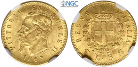 Regno d'Italia, Vittorio Emanuele II (1861-1878), 5 Lire 1863-T Torino, Au mm 17 alta conservazione per il tipo, In Slab NGC MS63