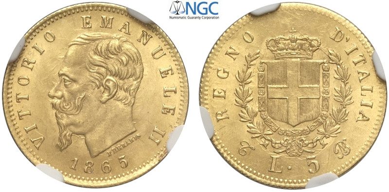 Regno d'Italia, Vittorio Emanuele II (1861-1878), 5 Lire 1865-T Torino, RR Au mm...