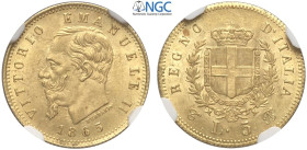 Regno d'Italia, Vittorio Emanuele II (1861-1878), 5 Lire 1865-T Torino, RR Au mm 17 alta conservazione per il tipo, In Slab NGC MS63