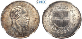 Regno d'Italia, Vittorio Emanuele II (1861-1878), 5 Lire 1876-R Roma, Ag mm 37 bella patina q.FDC, In Slab NGC MS62