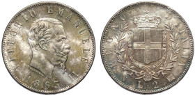 Regno d'Italia, Vittorio Emanuele II (1861-1878), 2 Lire 1863-N Stemma Napoli, Ag mm 27 bellissima patina multicolore, FDC