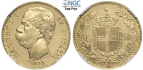 Regno d'Italia, Umberto I (1878-1900), 50 Lire 1884, Rara Au mm 28 fondi speculari e conservazione eccezionale, in Slab NGC MS64 PL (cert. 5786612019 ...