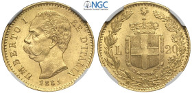 Regno d'Italia, Umberto I (1878-1900), 20 Lire 1881, Au mm 21 in Slab NGC MS65