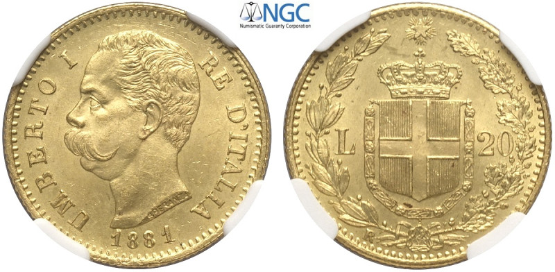 Regno d'Italia, Umberto I (1878-1900), 20 Lire 1881, Au mm 21 in Slab NGC MS64