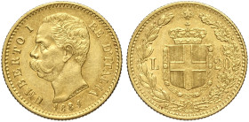 Regno d'Italia, Umberto I (1878-1900), 20 Lire 1881, ribattitura in data, Au mm 21 q.SPL