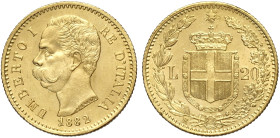 Regno d'Italia, Umberto I (1878-1900), 20 Lire 1882, cifra 1 rovesciata e ribattuta, RR Au mm 21 di alta conservazione, q.FDC