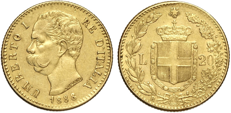 Regno d'Italia, Umberto I (1878-1900), 20 Lire 1888, Au mm 21 BB-SPL