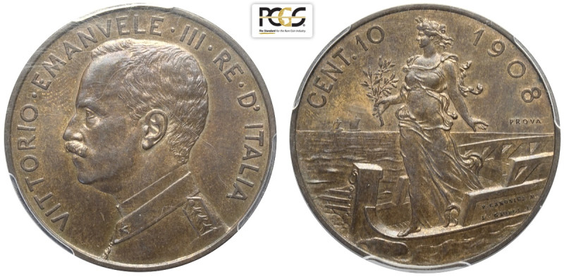 Regno d'Italia, Vittorio Emanuele III (1900-1943), 10 Centesimi 1908 Prova, RRR ...