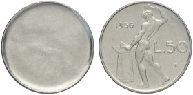 Repubblica Italiana, Monetazione in Lire (1946-2001), 50 Lire 1956 Uniface, coniata solo al rovescio, la rigatura del contorno risulta correttamente c...