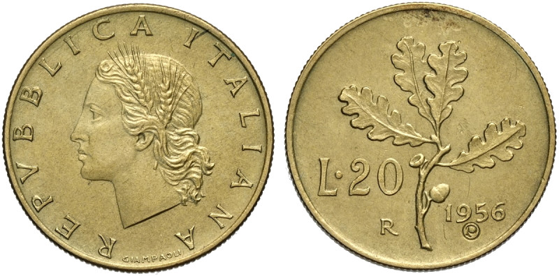 Repubblica Italiana, Monetazione in Lire (1946-2001), 20 Lire 1956 Prova, RR Ba ...
