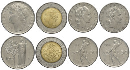 Repubblica Italiana, Monetazione in Lire (1946-2001), Lotto di 4 monete: 500 Lire 1993 firma piccola (FDC), 100 Lire 1956 (FDC), 50 Lire 1955 (FDC), 5...