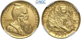 Albania, Ahmet Bey Zogu (1925-1939), Prova 20 Franga Ari 1927, RRRRR Pag-797var KM-Pr27, Au mm 21 g 6,45 in Slab NGC MS63+