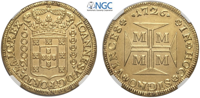 Brazil, Joao VI (1706-1750), 20000 Reis 1726, Au mm 38 in Slab NGC UNC-rev clean...