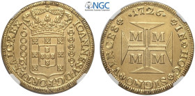 Brazil, Joao VI (1706-1750), 20000 Reis 1726, Au mm 38 in Slab NGC UNC-rev cleaned