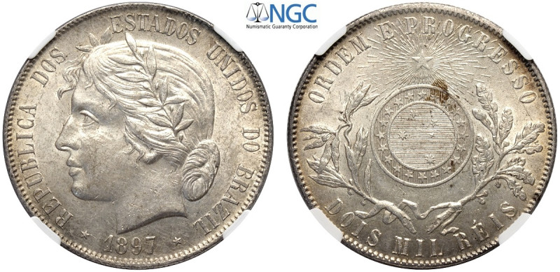 Brazil, First Republic (1889-1942), 2000 Reis 1897, Ag mm 37 In Slab NGC MS62