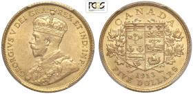 Canada, George V (1910-1936), 5 Dollars 1913, Au mm 21,6 di buona conservazione, in Slab NGC MS63