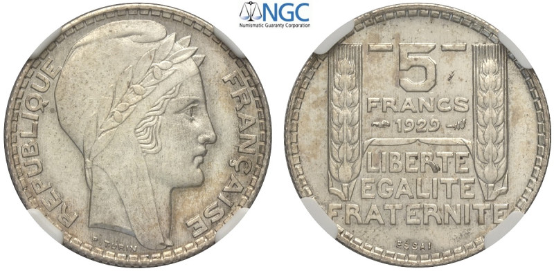 France, Third Republic (1870-1940), Silver Essai 5 Francs 1929, Ag mm 24 in Slab...