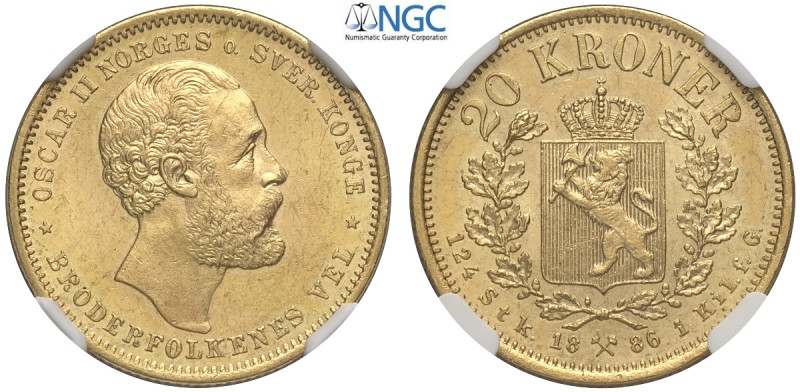 Norway, Oscar II (1872-1905), 20 Kroner 1886, Au mm 23 in Slab NGC MS63