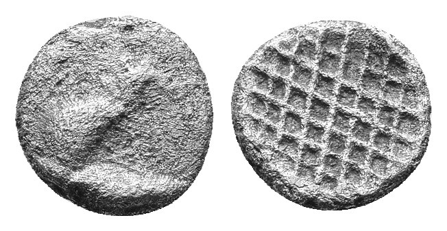 TROAS. Dardanos (450-420 BC). AR Obol Obv: Cock standing left. Rev: Cross-hatch ...