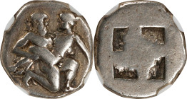 THRACE. Islands off Thrace. Thasos. AR Drachm, ca. 435-411 B.C. NGC FINE.
HGC-6, 335; SNG Cop-1018. Obverse: Satyr advancing right, carrying off nymp...