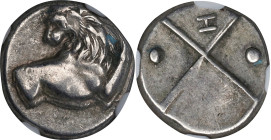 THRACE. Thracian Chersonessos. AR Hemidrachm, ca. 386-338 B.C. NGC EF.
HGC-3.2, 1437; McClean-4059. Obverse: Forepart of lion facing right; Reverse: ...