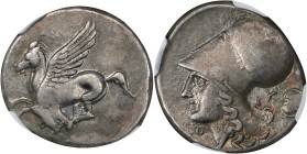 AKARNANIA. Thyrrheion. AR Stater, ca. 320-280 B.C. NGC Ch VF.
HGC-4, 919; Pegasi-21. Obverse: Pegasos flying left; Reverse: Helmeted head of Athena l...