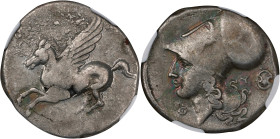 AKARNANIA. Thyrrheion. AR Stater, ca. 320-280 B.C. NGC VF. Overstruck.
HGC-4, 919; Pegasi-21. Obverse: Pegasos flying left; Reverse: Helmeted head of...