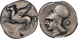 CORINTHIA. Corinth. AR Stater, ca. 345-307 B.C. NGC Ch F. Flan Flaw, Graffito.
HGC-4, 1848; Pegasi-406. Obverse: Pegasos flying left; Reverse: Head o...