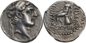SYRIA. Seleukid Kingdom. Demetrios I Soter, 162-150 B.C. AR Drachm, Ecbatana Mint. NGC Ch VF.
HGC-9, 803; cf. SC-1736. Obverse: Diademed head right; ...