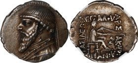 PARTHIA. Mithradates II, 121-91 B.C. AR Drachm (4.03 gms), Rhagai Mint, ca. 123-88 B.C. NGC Ch EF, Strike: 5/5 Surface: 3/5.
Sellwood-26.24. Obverse:...