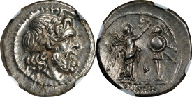 ROMAN REPUBLIC. Anonymous. AR Victoriatus (3.29 gms), Rome Mint, ca. 211-208 B.C. NGC MS, Strike: 4/5 Surface: 5/5. Fine Style, Flan Flaw.
Cr-53/1; S...