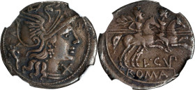 ROMAN REPUBLIC. L. Cupiennus. AR Denarius, Rome Mint, ca. 147 B.C. NGC VF. Marks.
Cr-218/1; Syd-404. Obverse: Helmeted head of Roma right; mark of va...