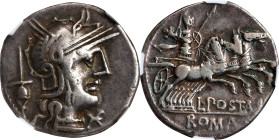 ROMAN REPUBLIC. L. Postumius Albinus. AR Denarius, Rome Mint, 131 B.C. NGC VF.
Cr-252/1; Syd-472. Obverse: Helmeted head of Roma right, mark of value...
