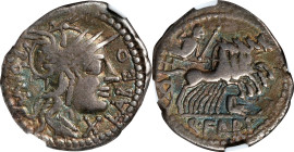 ROMAN REPUBLIC. Q. Fabius Labeo. AR Denarius, Rome Mint, ca. 124 B.C. NGC FINE.
Cr-273/1; Syd-532. Obverse: Helmeted head of Roma, mark of value belo...