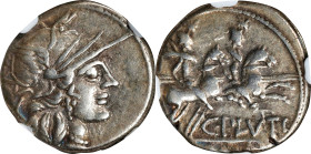 ROMAN REPUBLIC. C. Plutius. AR Denarius, Rome Mint, 121 B.C. NGC Ch VF.
Cr-278/1; Syd-410. Obverse: Helmeted head of Roma right; Reverse: Dioscuri ri...