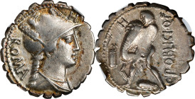 ROMAN REPUBLIC. C. Poblicius Q.f. AR Denarius Serratus, Rome Mint, 80 B.C. NGC EF. Adjusted Flan.
Cr-380/1; Syd-768. Obverse: Draped and helmeted hea...