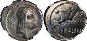 ROMAN REPUBLIC. L. Calpurnius Piso Frugi. AR Denarius (3.97 gms), Rome Mint, ca. 67 B.C. NGC Ch EF, Strike: 5/5 Surface: 2/5. Scratches.
Cr-408/1B; S...