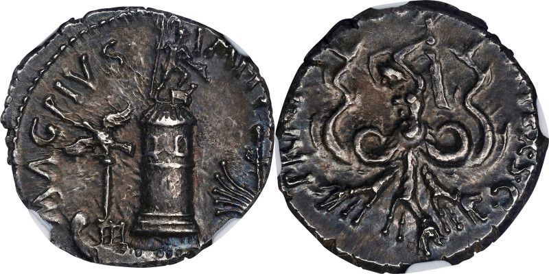 SEXTUS POMPEY. AR Denarius (3.83 gms), Uncertain mint in Sicily, 42-39 B.C. NGC ...