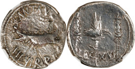 MARC ANTONY. AR Denarius, Patrae (?) Mint, ca. 32-31 B.C. NGC Ch F. Ex Jewelry, Polished.
Cr-544/31; CRI-372; Syd-1236. Legionary type. Obverse: Prae...