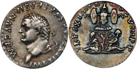 TITUS, A.D. 79-81. AR Denarius (3.15 gms), Rome Mint, A.D. 80. ANACS EF-40.
RIC-103; RSC-307. Obverse: Laureate head left; Reverse: Trophy of arms; t...