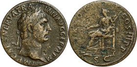 TRAJAN, A.D. 98-117. AE Sestertius, Rome Mint, ca. A.D. 101-102. ANACS VF 25.
RIC-432. Obverse: Diademed head right; Reverse: Pax seated left, holdin...