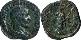 PHILIP I, A.D. 244-249. AE Sestertius (21.12 gms), Rome Mint, A.D. 244. NGC Ch EF★, Strike: 5/5 Surface: 5/5. Fine Style.
RIC-184A. Obverse: Laureate...