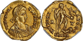 HONORIUS, A.D. 393-423. AV Solidus (4.47 gms), Ravenna Mint, A.D. 402-406. NGC Ch EF, Strike: 5/5 Surface: 2/5. Light Graffito, Slight Bend.
RIC-1287...