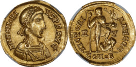 HONORIUS, A.D. 393-423. AV Solidus (4.33 gms), Ravenna Mint, ca. A.D. 402-406. NGC Ch EF, Strike: 5/5 Surface: 3/5. Clipped.
RIC-1287. Obverse: Diade...
