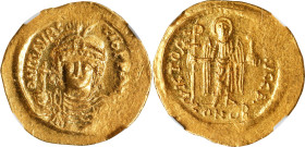 MAURICE TIBERIUS, 582-602. AV Solidus (4.44 gms), Constantinople Mint, 1st Officina, ca. 583/4-602. NGC MS, Strike: 4/5 Surface: 4/5. Clipped.
S-478....