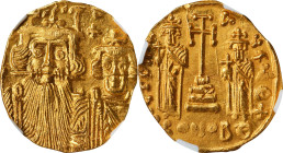 CONSTANS II with CONSTANTINE IV, HERACLIUS & TIBERIUS, 641-668. AV Solidus (4.47 gms), Constantinople Mint, 9th Officina, 662-667. NGC MS, Strike: 3/5...