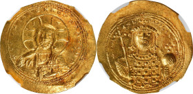 CONSTANTINE IX, 1042-1055. AV Histamenon Nomisma (4.38 gms), Constantinople Mint, 1049-1053. NGC AU, Strike: 5/5 Surface: 4/5.
S-1830. Obverse: Facin...