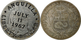 ANGUILLA. Anguilla - Peru. Dollar, 1967. PCGS VF-35.
KMX-3. A "Liberty Dollar" counterstamped on a Peru Sol of 1925 (KM-218.1) to support the Anguill...