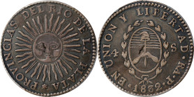 ARGENTINA. 4 Soles, 1832-RA P. La Rioja Mint. PCGS Genuine--Mount Removed, VF Details.
KM-22. Some unnatural glossiness to the surfaces is indicative...