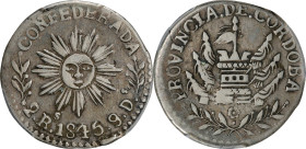 ARGENTINA. Cordoba. 2 Reales, 1845. Cordoba Mint. PCGS VF-35.
KM-23. Exceptionally well struck up for the issue, most detail is visible in the sun an...